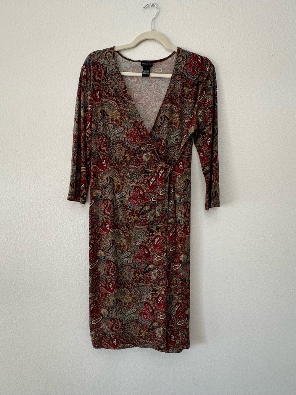Chapter One Vintage Style Paisley Faux Wrap Midi Dress Earthy Boho Sz L BohoChic